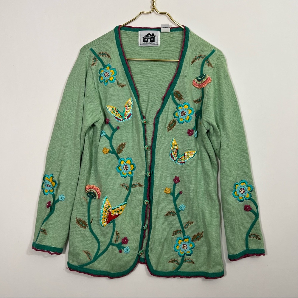 Vintage Storybook Knits Cardigan Sweater Light Green Butterfly Flower Embroidery